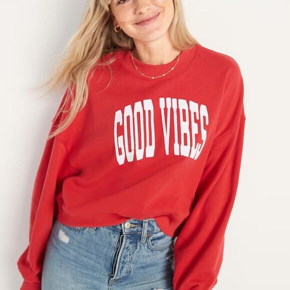 Old Navy Red Good Vibes Oversized Cropped Crewneck - Picture 1 of 8